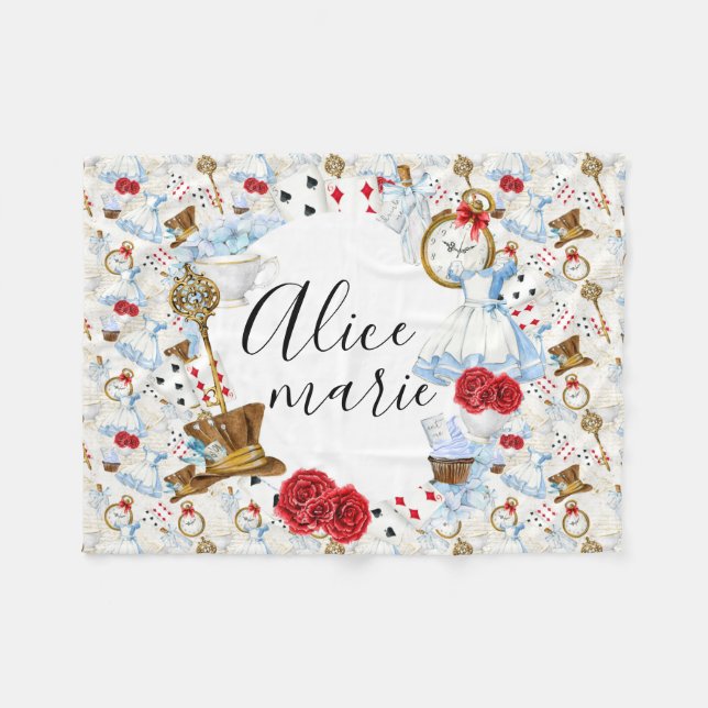 Couverture Polaire Wonderland Blue, Red & Gold Alice Nom (Devant (Horizontal))
