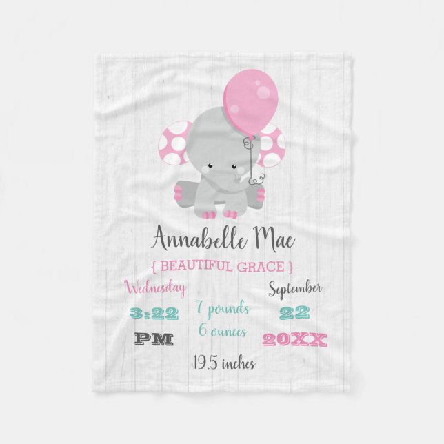 Couverture Polaire Wood rose Elephant Girl Baby Stats de naissance (Devant)