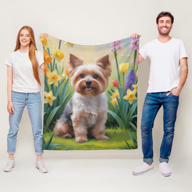 Couverture Polaire Yorkipoo Chien Fleurs de printemps Peinture (En situation)
