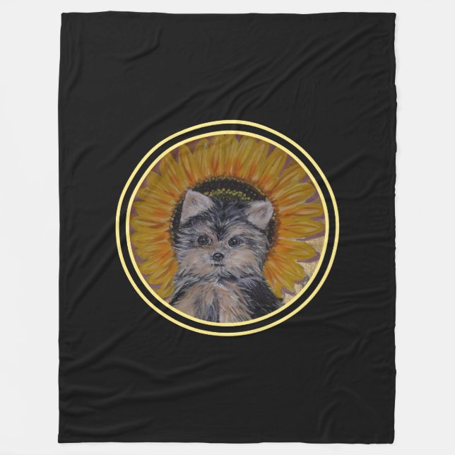 Couverture Polaire Yorkshire Chien chiot et tournesol en noir (Devant)
