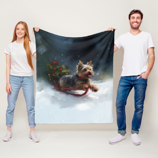 Couverture Polaire Yorkshire Terrier neige de Noël hiver (En situation)