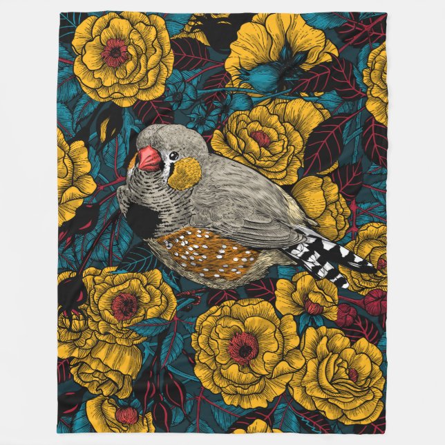 Couverture Polaire Zebra finch et buisson rose (Devant)
