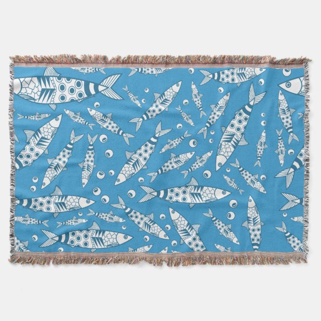 Couverture Portugais Lisbonne Sardines Motif Azulejos Bleu (Devant)