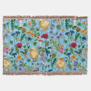 Couverture Poulets et fleurs sauvages sur le bleu bébé