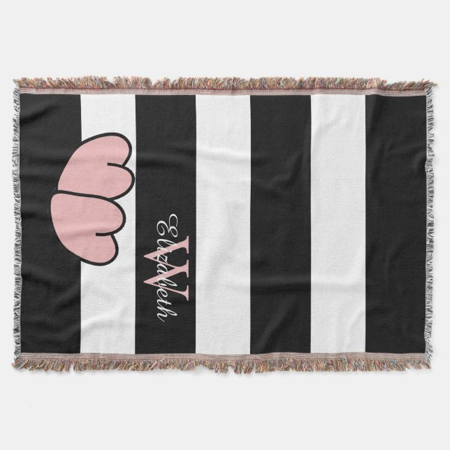 COUVERTURE RAYURES CHICS DE THROW_PINK HEARTS/BLACK/WHITE (Devant)