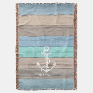 Couverture Rayures nautiques en bois et Ancre de plage