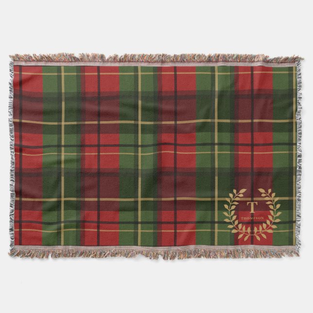Couverture Red And Green Plaid With Monogram Inside A Wreath (Devant)