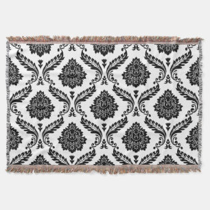 Couverture Rococo Damassé Grand Motif Noir sur Blanc
