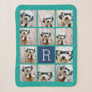 Couverture Sherpa 11 Collage photo et grand Monogramme bleu turquois