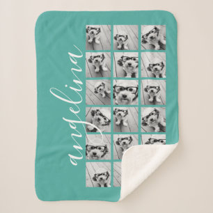 Couverture Sherpa 18 Photo Collage - CAN EDIT turquoise en blanc