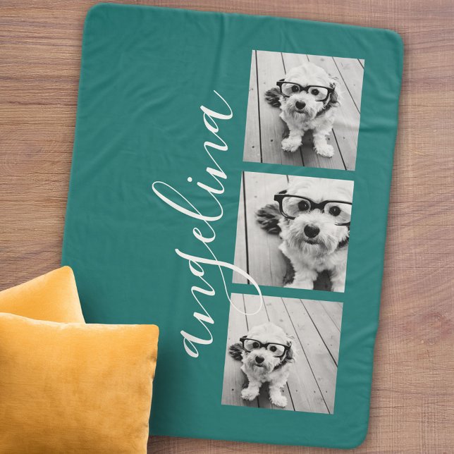Couverture Sherpa 3 Collage photo CAN EDIT arrière - plan blue (Personalized sherpa blanket with photos and text)