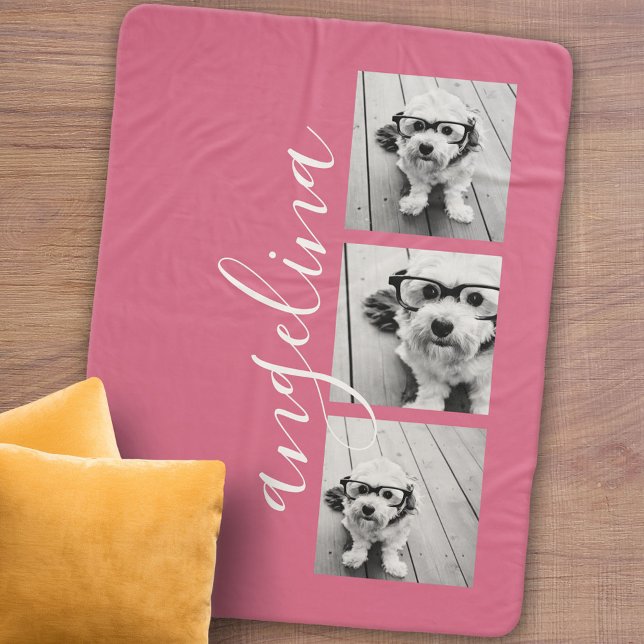 Couverture Sherpa 3 Collage photo PEUT MODIFIER arrière - plan rose (Personalized sherpa blanket with photos and text)