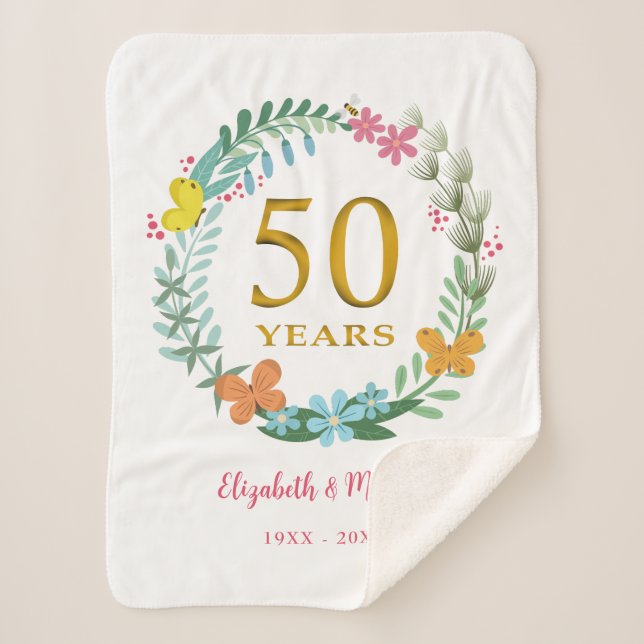 Couverture Sherpa 50e anniversaire Golden Floral Butterfly Wreath (Devant)