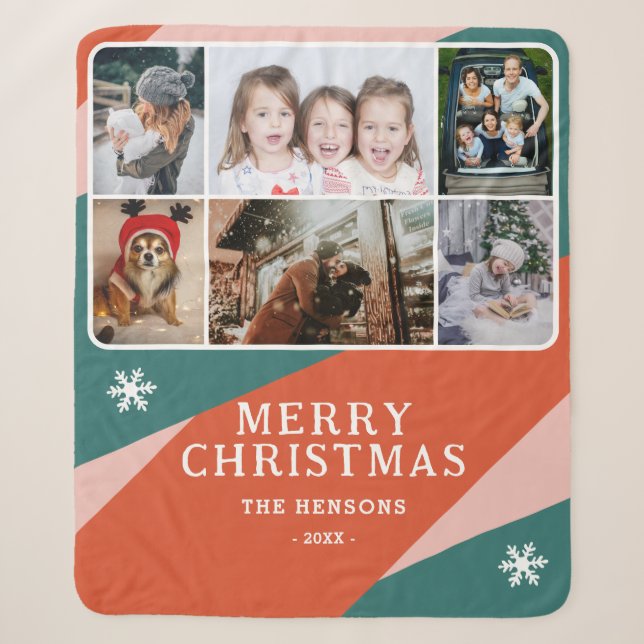 Couverture Sherpa 6 Photo Collage rose vert orange Famille de Noël (Devant)