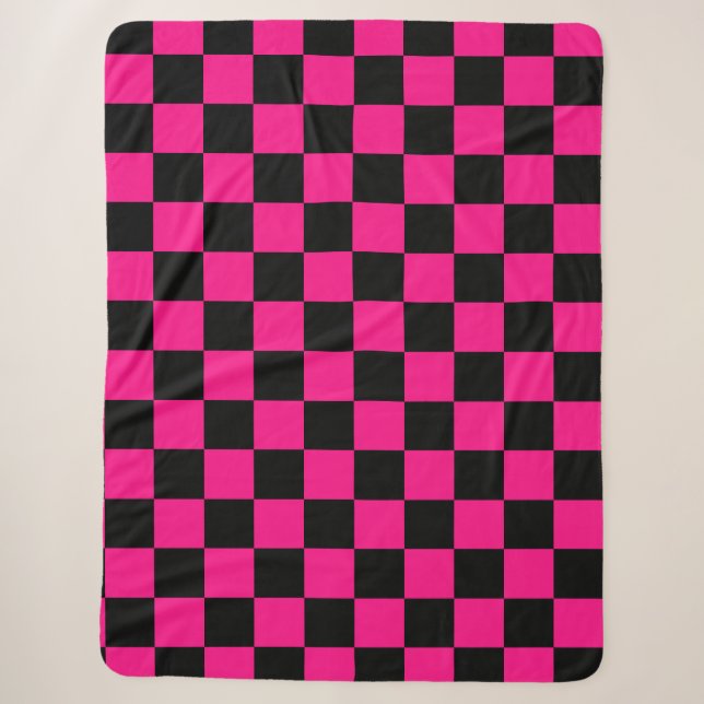 Couverture Sherpa à damiers carré rose chaud noir rétro géométrique (Devant)