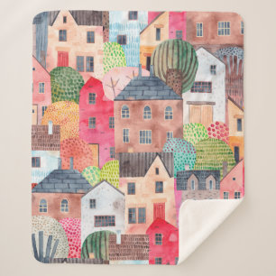 Couverture Sherpa Abstrait motif sans couture avec maisons. Aquarell