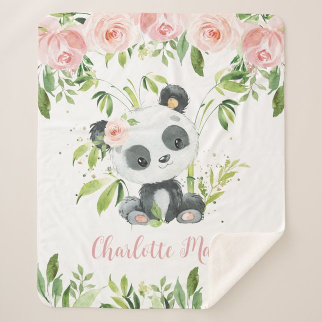 Couverture Sherpa Adorable Panda Bear Rose Floral Vert (Devant)