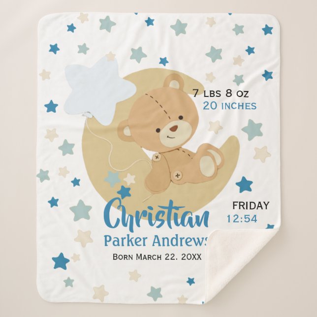 Couverture Sherpa Adorable Teddy Bear Baby Boy Stats de naissance (Devant)