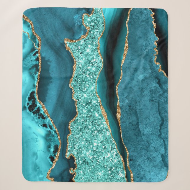 Couverture Sherpa Agate Turquoise Blue Gold Parties scintillant Marb (Devant)