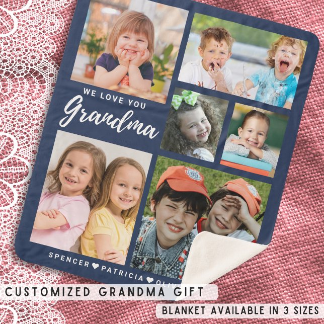 Couverture Sherpa Aimez-vous Grand-mère Petits-enfants 6 Photo Colla (Love You Grandma Grandkids 6 Photo Collage Blue Sherpa Blanket-Grandma Gift idea)