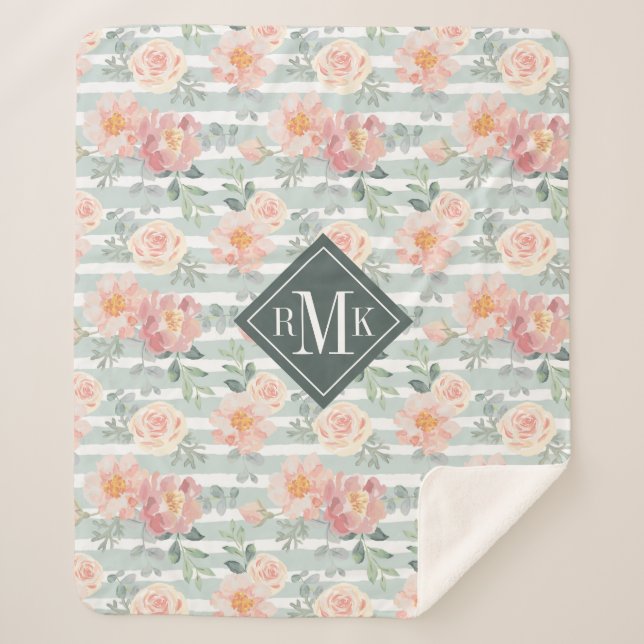 Couverture Sherpa Ajoutez votre motif rose de rayure du monogramme | (Devant)