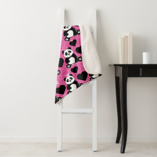 Couverture Sherpa Amoureux d'animaux ours panda Cœurs noirs Paillett