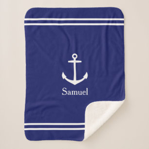 Couverture Sherpa Ancre blanche sur bleu marine Personnalisé