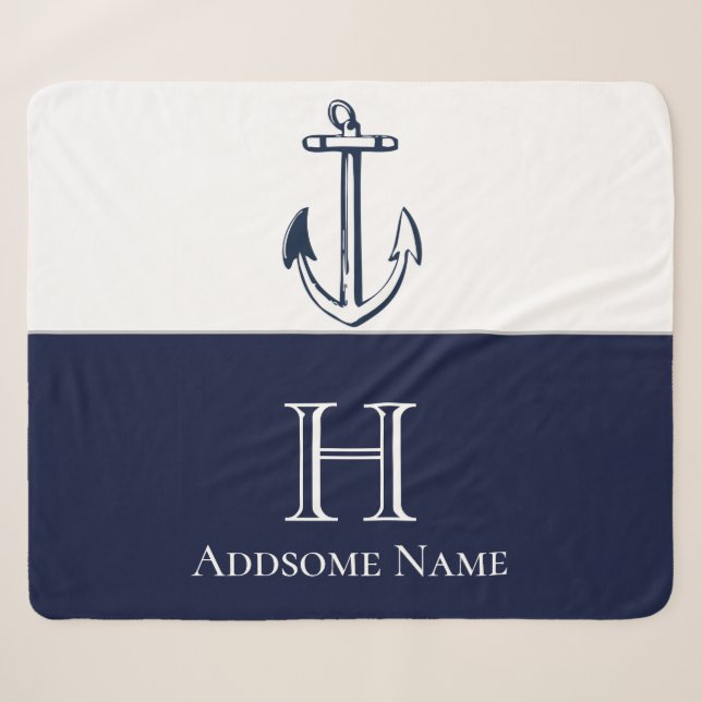 Couverture Sherpa Ancre Bleue de la marine nautique Monogramme (Devant (Horizontal))