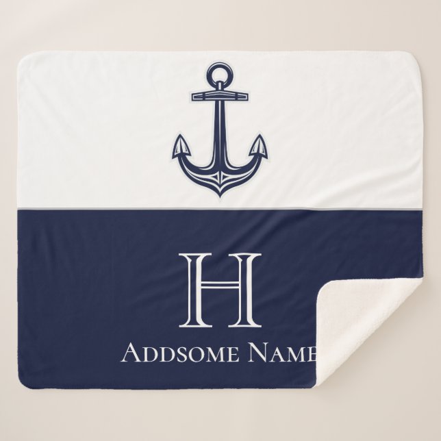 Couverture Sherpa Ancre Bleue de la marine nautique Monogramme (Devant (Horizontal))