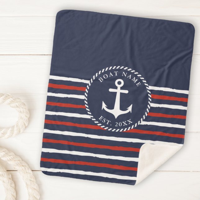 Couverture Sherpa Ancre nautique Marine Bleu Blanc Rouge Nom du bate (Créateur téléchargé)