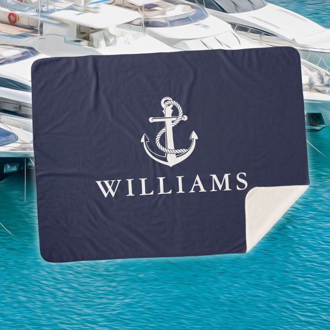 Couverture Sherpa Ancre nautique Nom personnalisé Marine Bleu (Nautical Ship Anchor Custom Name Navy Blue Sherpa Blanket)