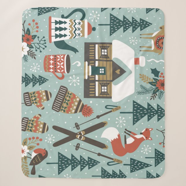 Couverture Sherpa Animaux forestiers : Hiver Vintage sans couture. (Devant)