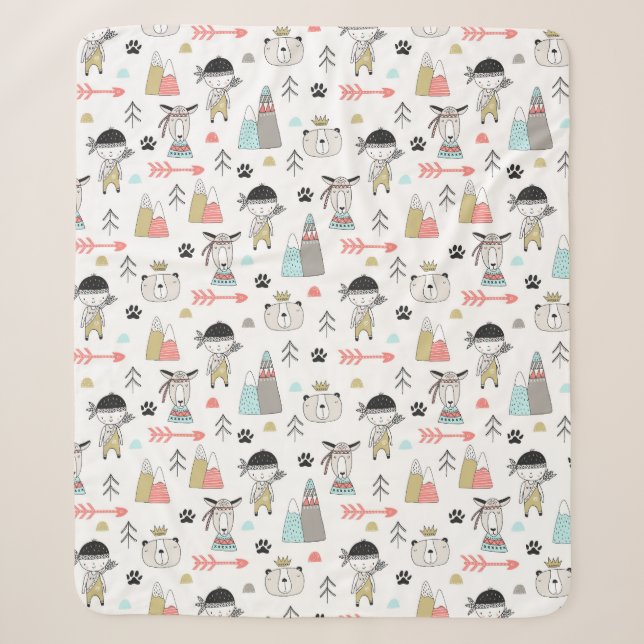 Couverture Sherpa Animaux mignons de région boisée et motif indien (Devant)