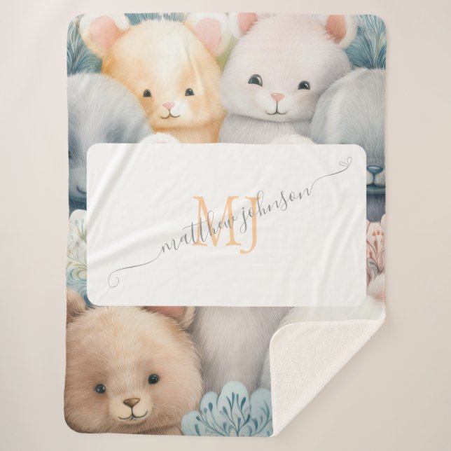 Couverture Sherpa Animaux Pastel personnalisables avec nom et monogr (Devant)