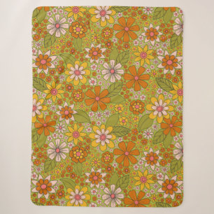 Couverture Sherpa Années 1960, 1970 Vert & Orange Retro Floral