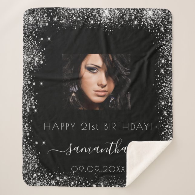 Couverture Sherpa Anniversaire noir argent parties scintillant nom p (Devant)