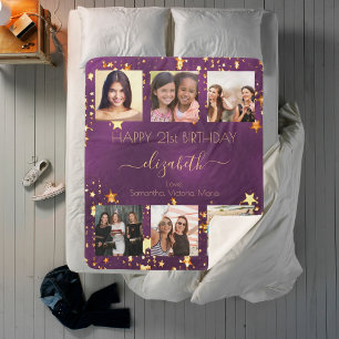 Couverture Sherpa Anniversaire violet or amis photo collage