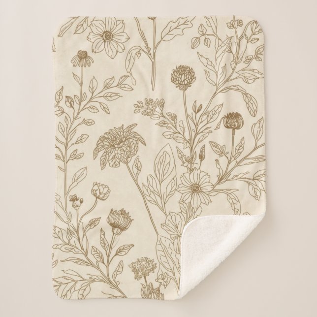 Couverture Sherpa Antique Sepia Botanical Line Art Floral Pattern (Devant)