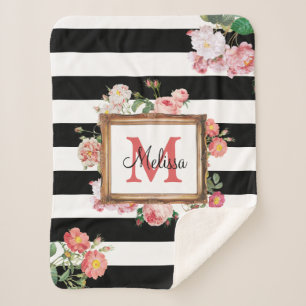 Couverture Sherpa Antique Vintage Floral & Stripes Monogramme