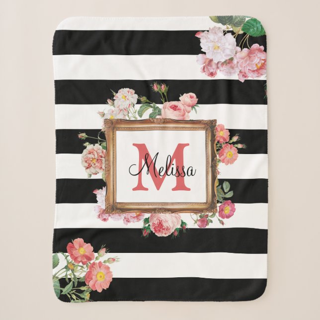 Couverture Sherpa Antique Vintage Floral & Stripes Monogramme (Devant)
