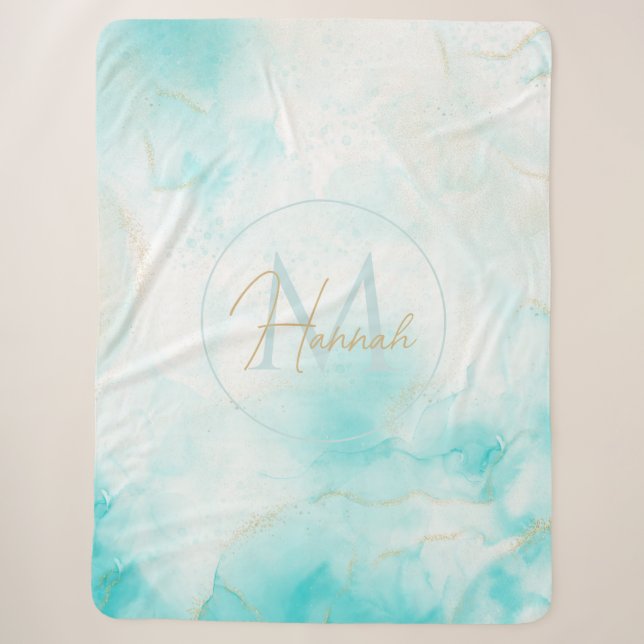 Couverture Sherpa Aqua Gold moderne Encre d'alcool Art Aquarelle Océ (Devant)
