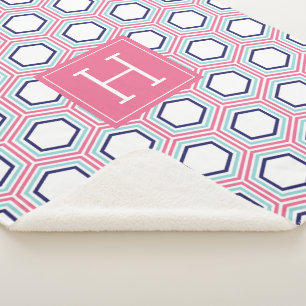 Couverture Sherpa Aqua rose et Motif bleu Monogramme