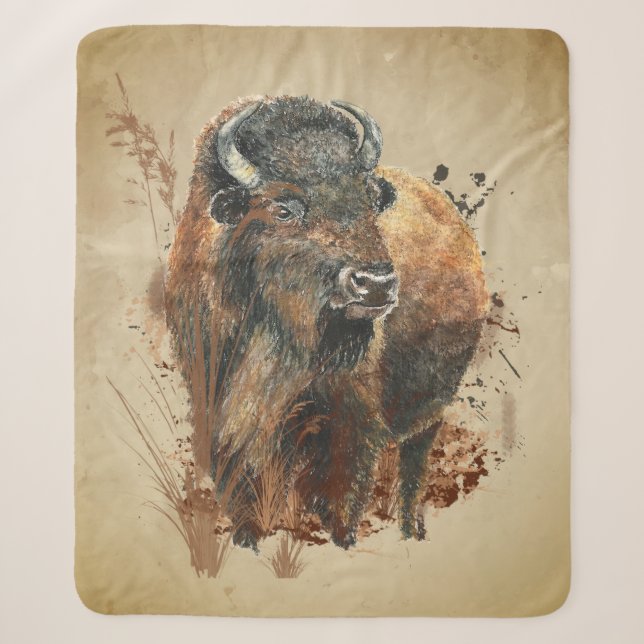 Couverture Sherpa Aquarelle Bison Buffle Animaux Faune Nature Ca (Devant)