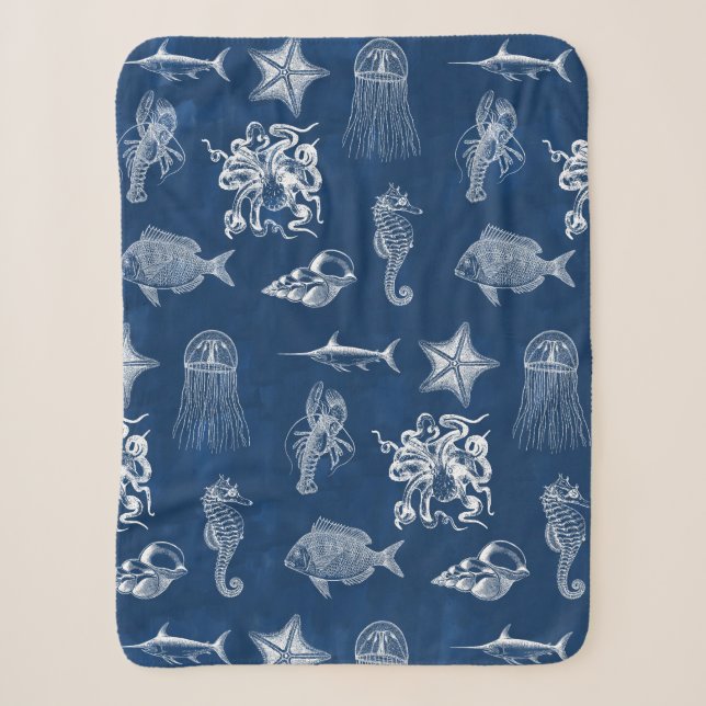 Couverture Sherpa Aquarelle bleu marine Océan Animaux marins (Devant)