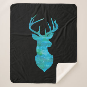 Couverture Sherpa Aquarelle bleue Cerf Silhouette
