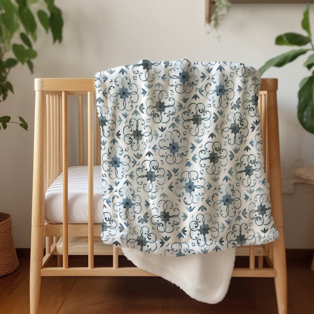 Couverture Sherpa Aquarelle bleue et blanche Carrelage marocain Moti (Créateur téléchargé)