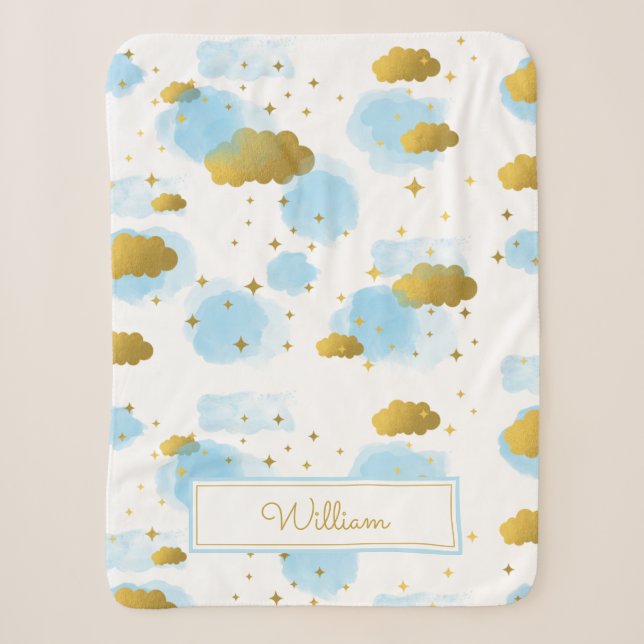 Couverture Sherpa Aquarelle bleue Nuages Gold Stars Sky (Devant)
