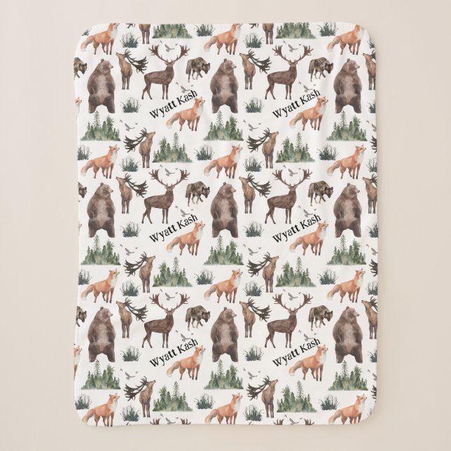 Couverture Sherpa Aquarelle Bois Forêt Animaux Nom (Devant)