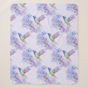 Couverture Sherpa Aquarelle Colibri Jardin Oiseau Mauve