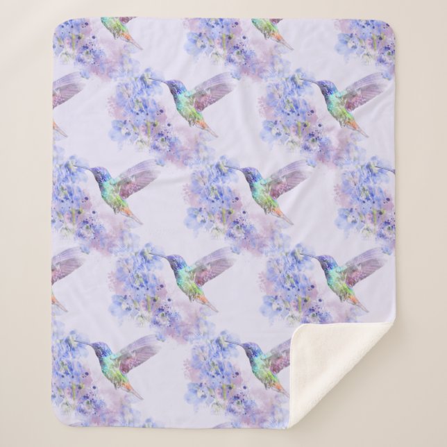 Couverture Sherpa Aquarelle Colibri Jardin Oiseau Mauve (Devant)
